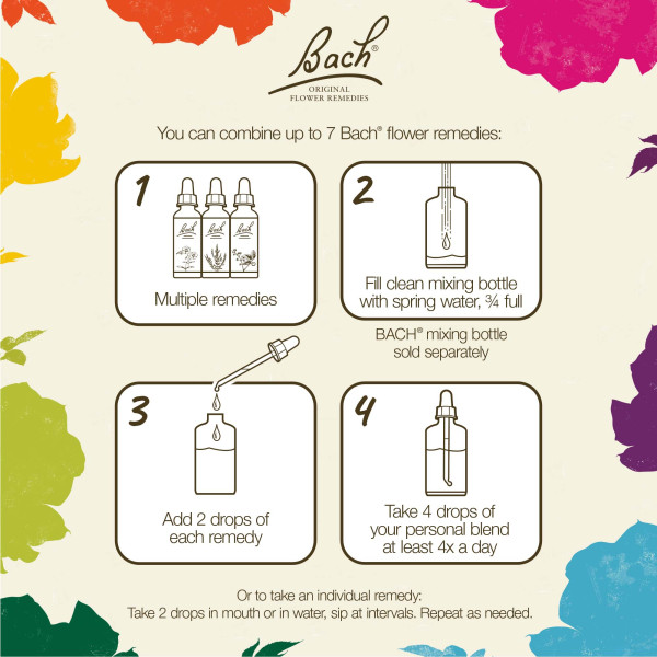 How to take Bach flower remedies: You can combine up to 7 remedies. Fill clean mixing bottle with spring water, 3/4 full. Add 2 drops of each remedy. Take 4 drops of your personal blend at least 4x a day. Or to take an individual remedy: Take 2 drops in mouth or in water, sip at intervals. Repeat as needed.